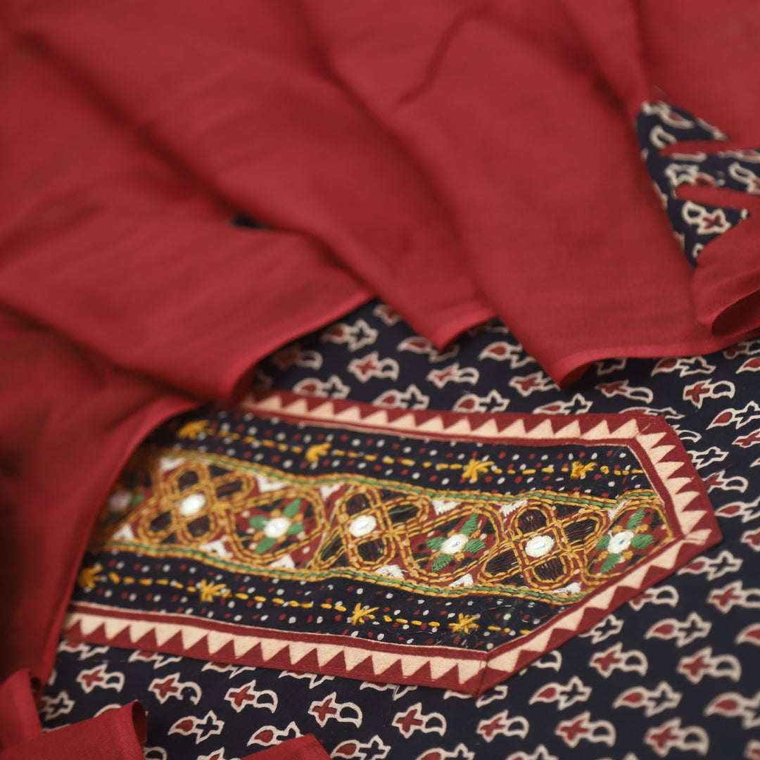 Khairiyat Night Black Kutch Neck Inspired Neck Work Cotton Suit Set