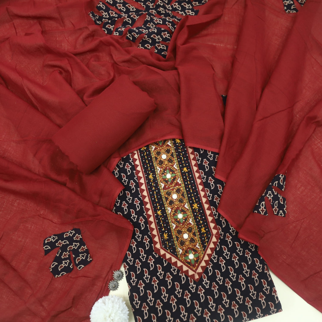 Khairiyat Night Black Kutch Neck Inspired Neck Work Cotton Suit Set