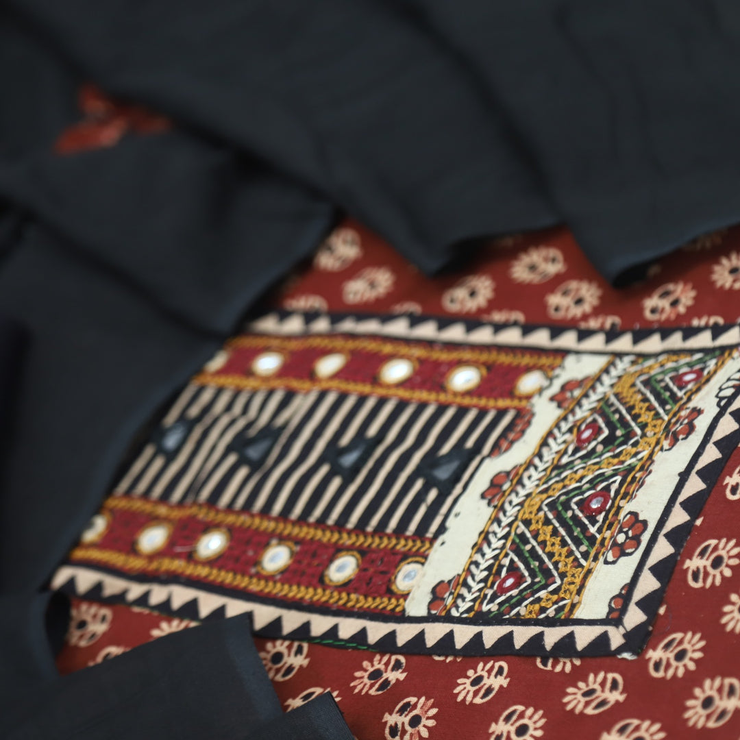 Khairiyat Barn Red Kutch Neck Inspired Neck Work Cotton Suit Set