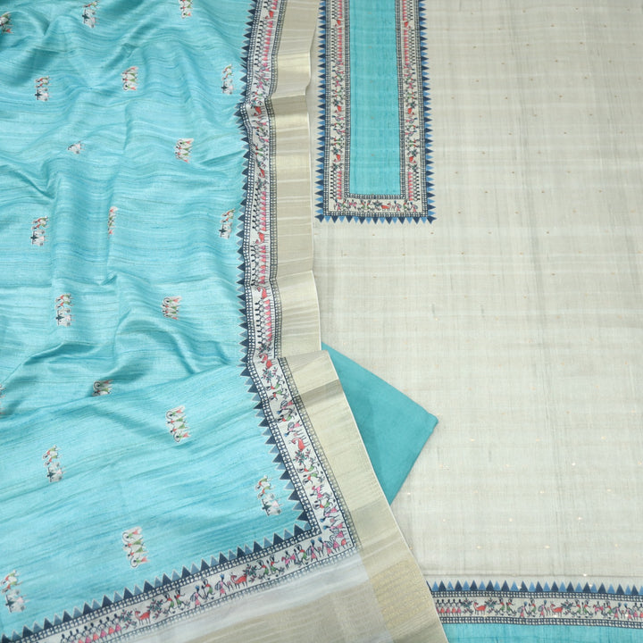 Fanaa Beige with Blue Zari Work Printed Tussar Chanderi Suit Set