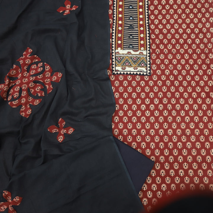 Khairiyat Barn Red Kutch Neck Inspired Neck Work Cotton Suit Set