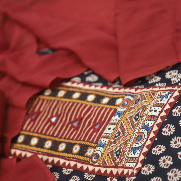 Khairiyat Leather Black Kutch Neck Inspired Neck Work Cotton Suit Set