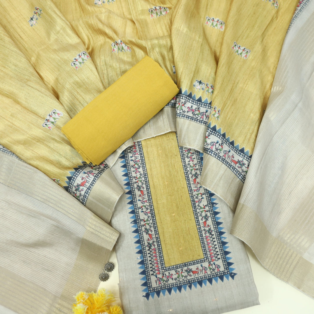 Fanaa Beige with Yellow Zari Work Printed Tussar Chanderi Suit Set