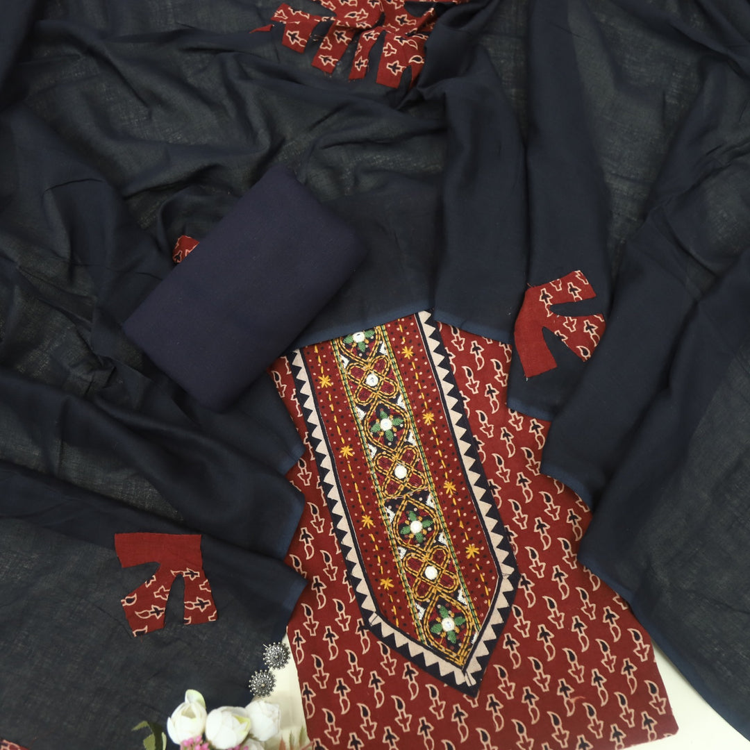 Khairiyat Cherry Red Kutch Neck Inspired Neck Work Cotton Suit Set