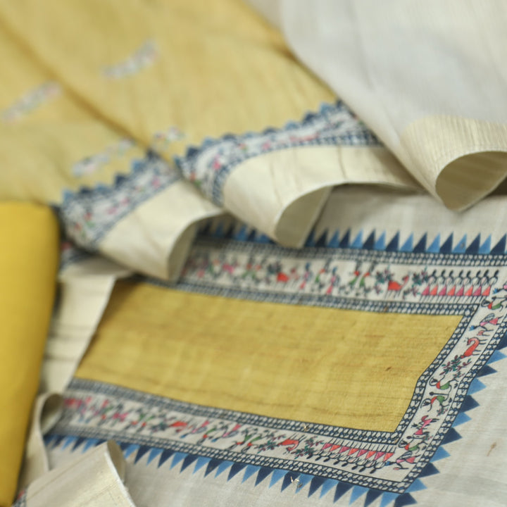 Fanaa Beige with Yellow Zari Work Printed Tussar Chanderi Suit Set