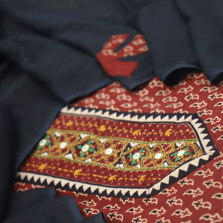 Khairiyat Cherry Red Kutch Neck Inspired Neck Work Cotton Suit Set