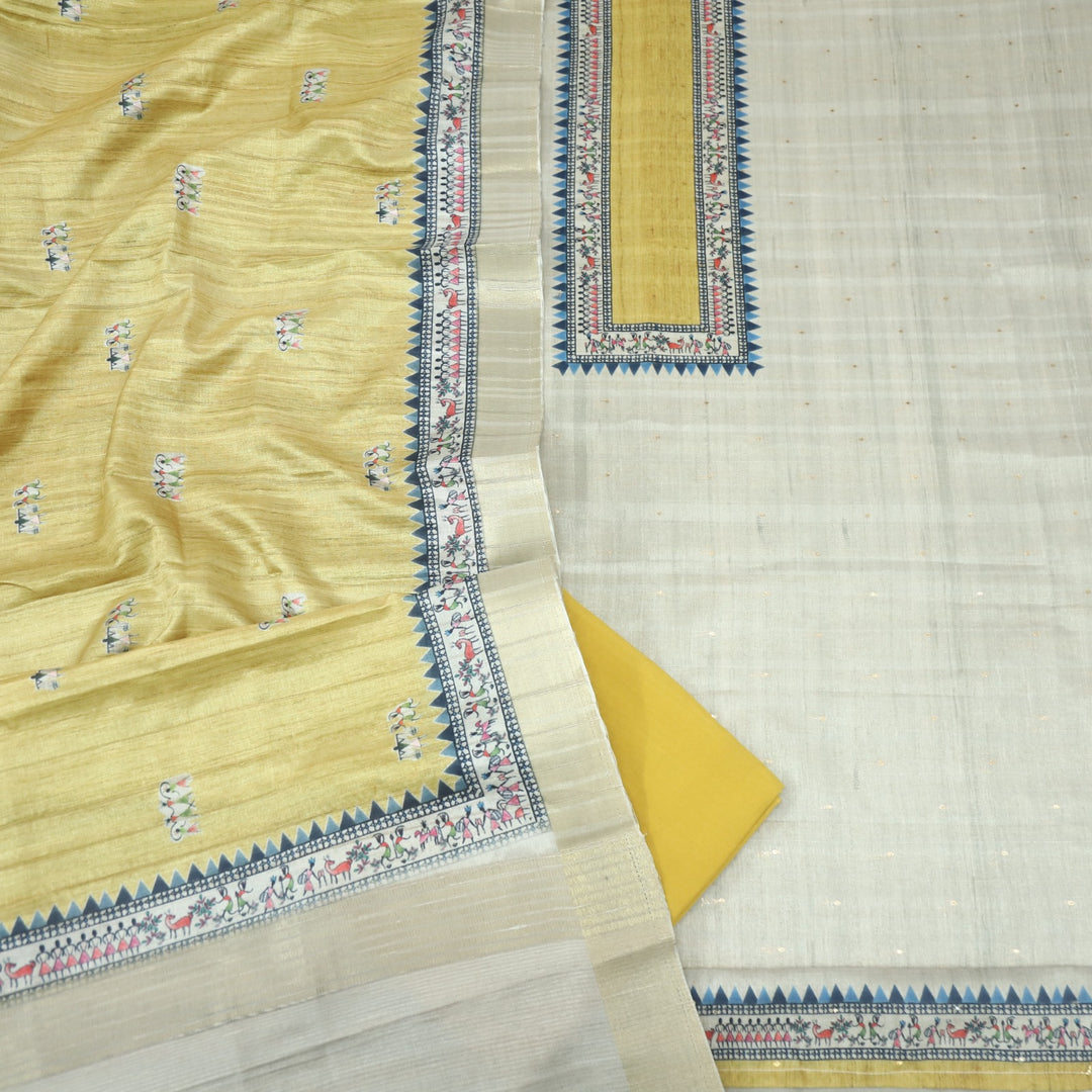 Fanaa Beige with Yellow Zari Work Printed Tussar Chanderi Suit Set