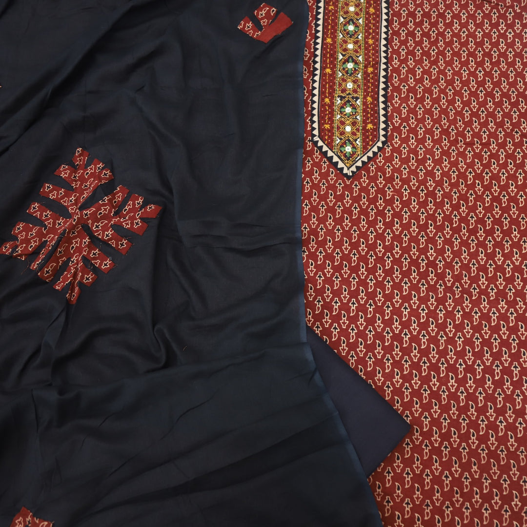 Khairiyat Cherry Red Kutch Neck Inspired Neck Work Cotton Suit Set
