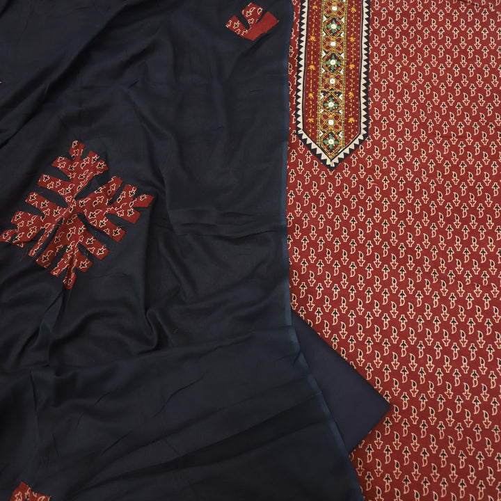 Khairiyat Cherry Red Kutch Neck Inspired Neck Work Cotton Suit Set