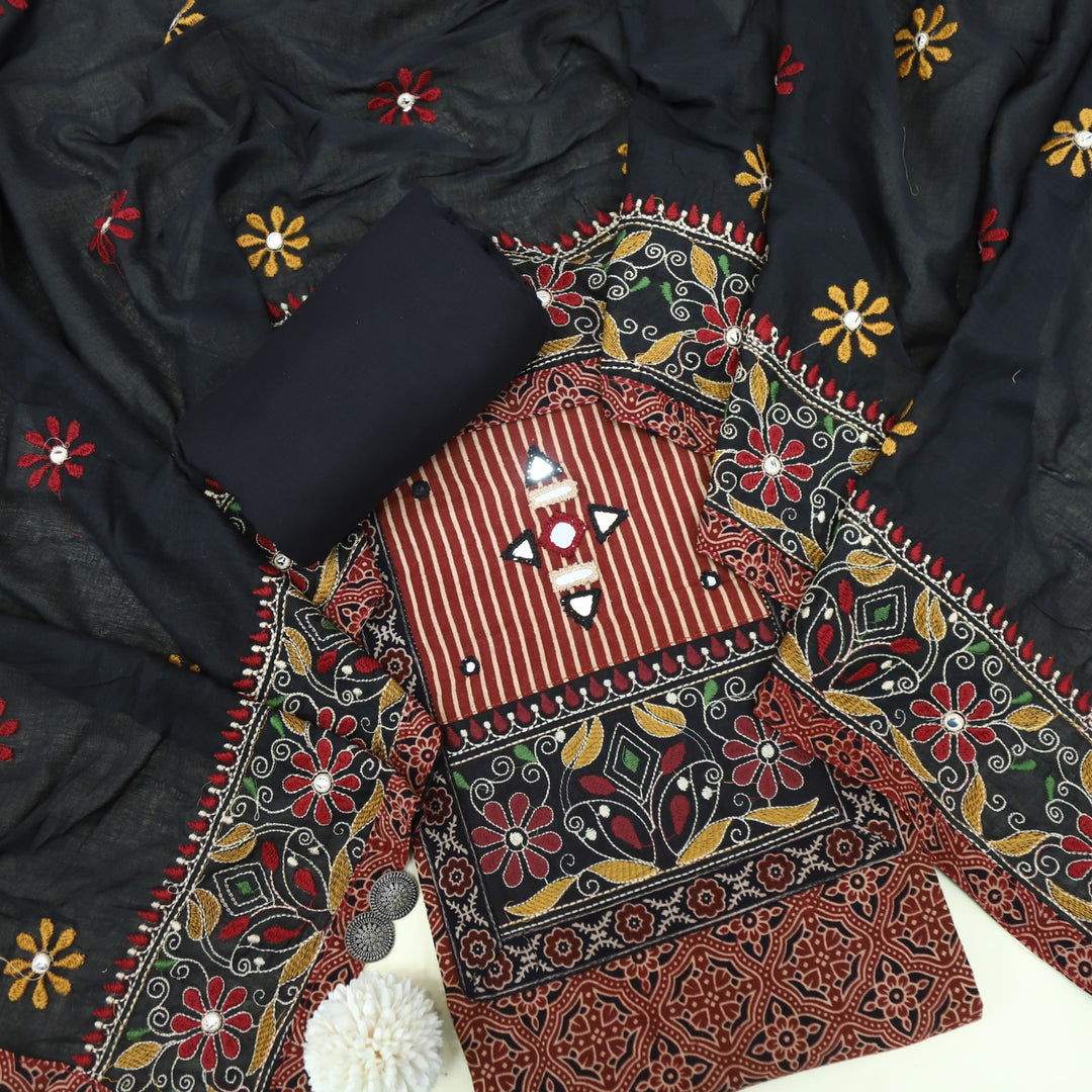 Khairiyat Cherry Red Kutch Neck Inspired Neck Work Cotton Suit Set