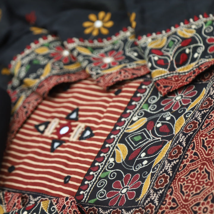 Khairiyat Cherry Red Kutch Neck Inspired Neck Work Cotton Suit Set