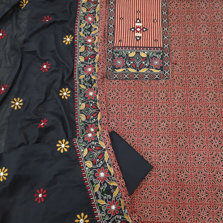 Khairiyat Cherry Red Kutch Neck Inspired Neck Work Cotton Suit Set