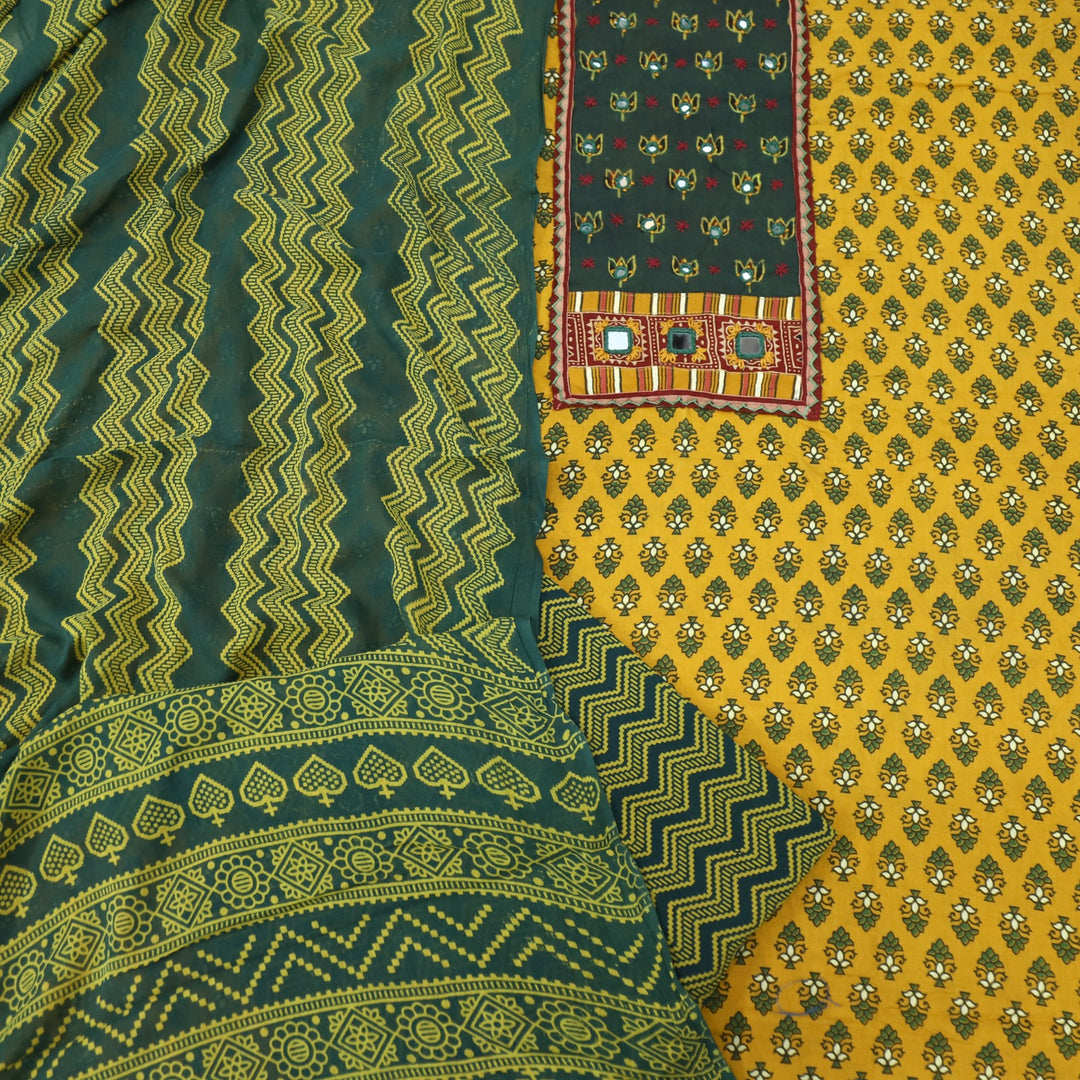 Sukhmani Dijon Yellow French Work with Ajrak Printed Cotton Suit Set