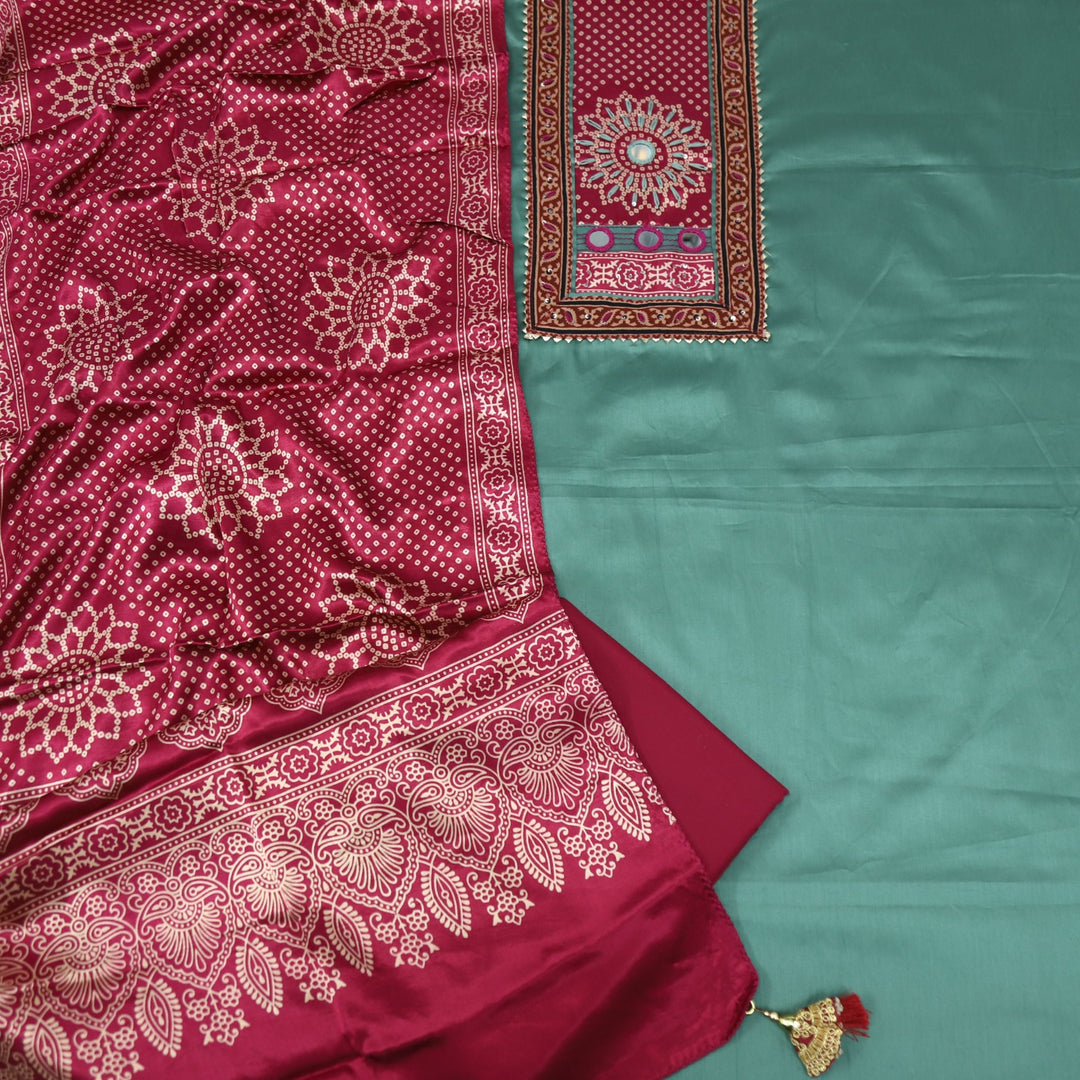Ruhani Sea Green Glazed Cotton Top With Mashru Stole Dupatta