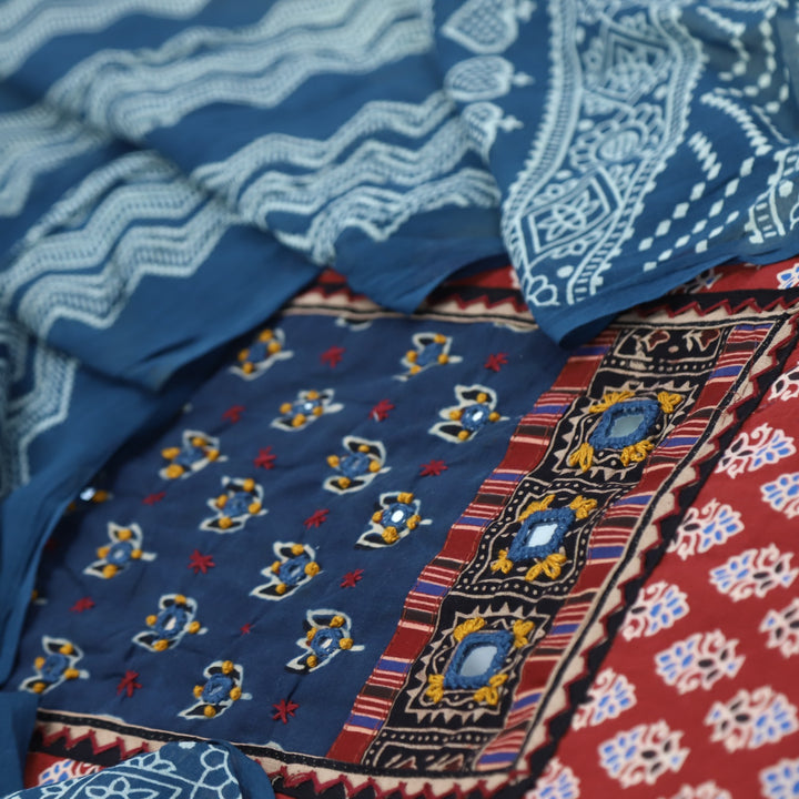 Sukhmani Cherry Red Mirror Work with Ajrak Printed Cotton Suit Set