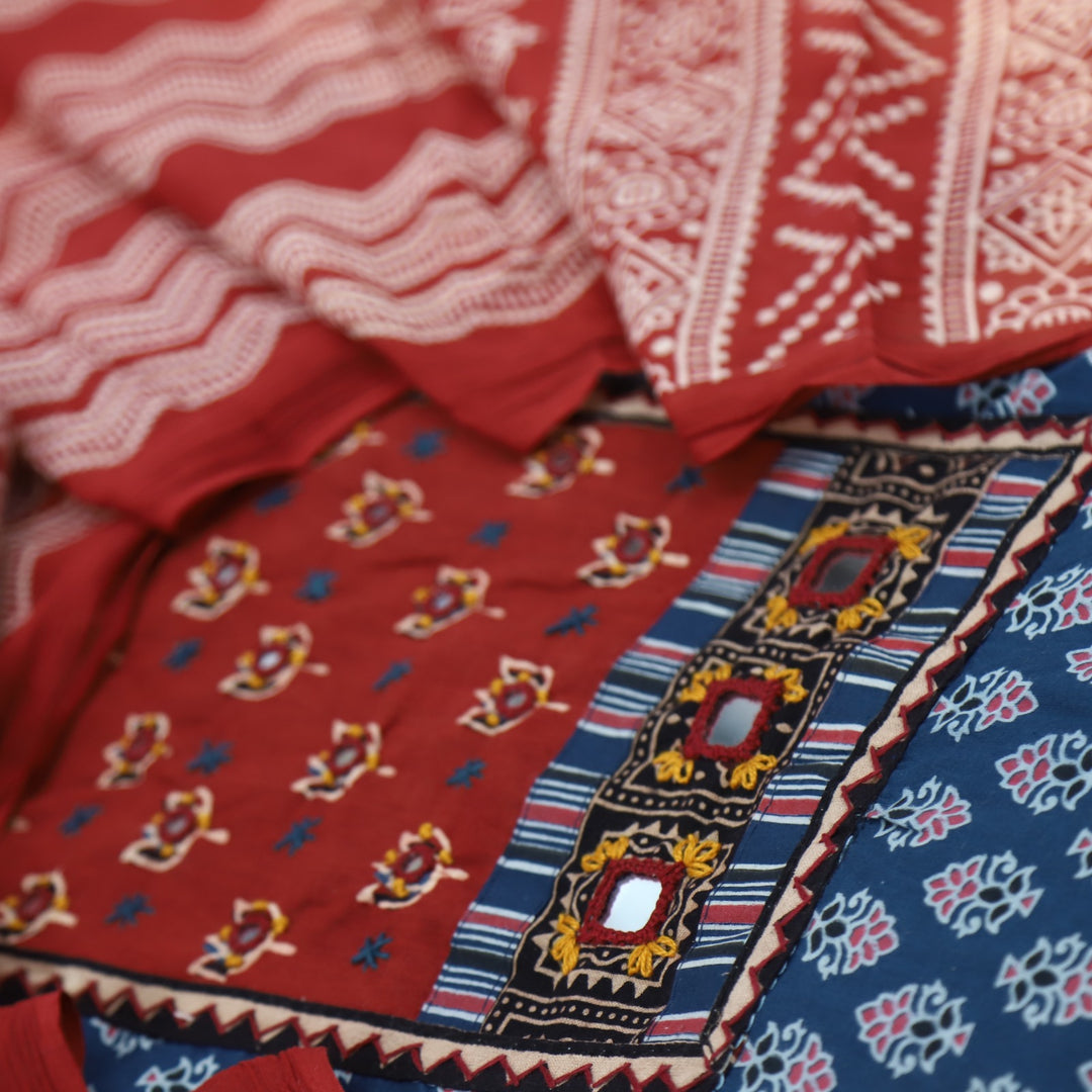Sukhmani Rapid Blue French Work with Ajrak Printed Cotton Suit Set