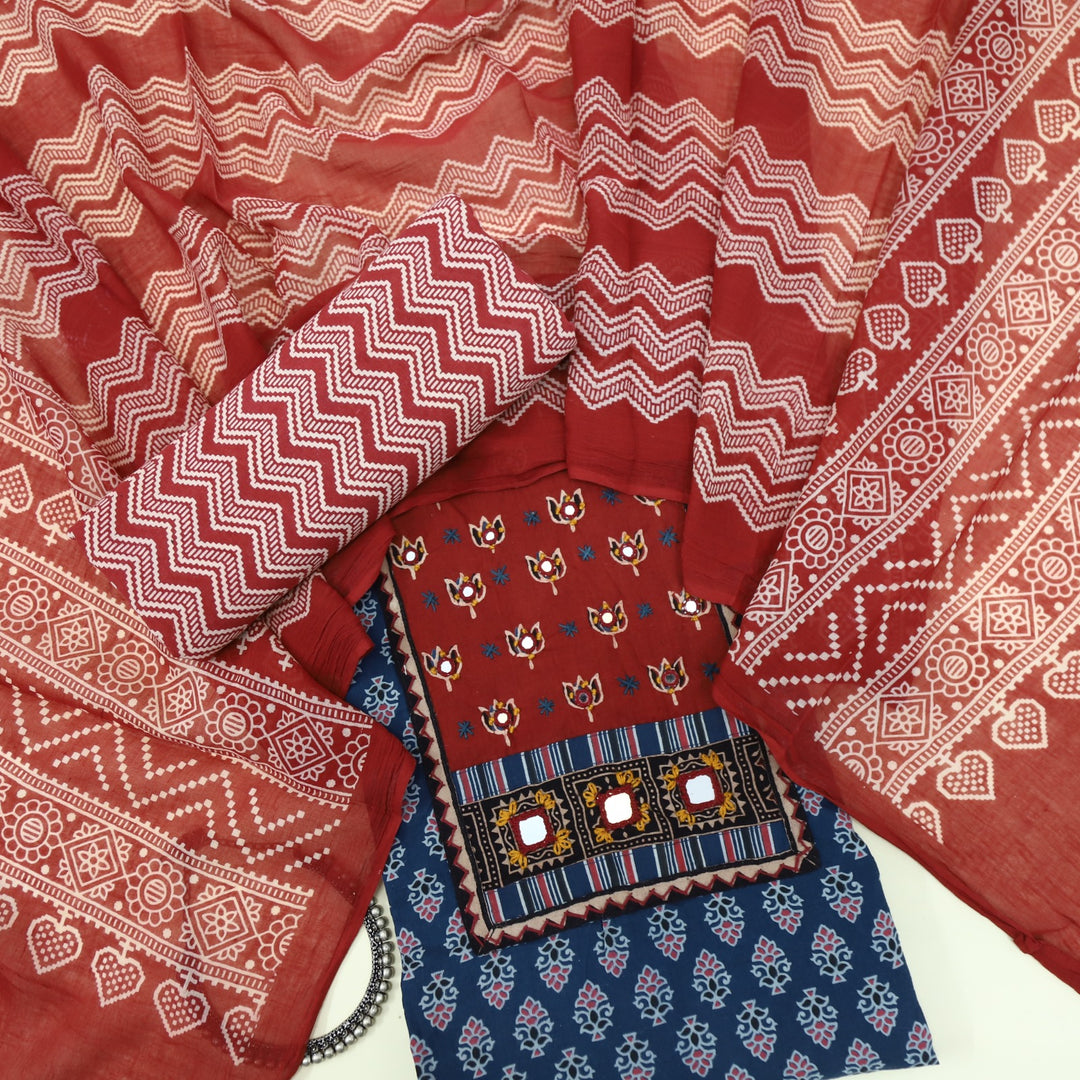 Sukhmani Rapid Blue French Work with Ajrak Printed Cotton Suit Set