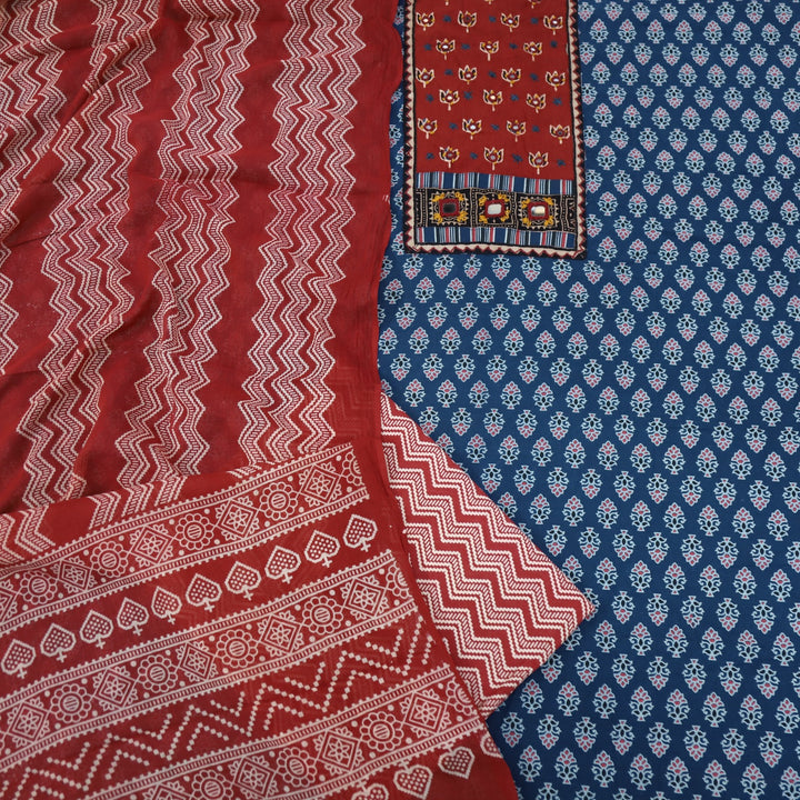 Sukhmani Rapid Blue French Work with Ajrak Printed Cotton Suit Set