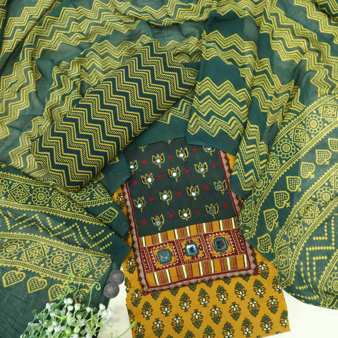 Sukhmani Dijon Yellow French Work with Ajrak Printed Cotton Suit Set