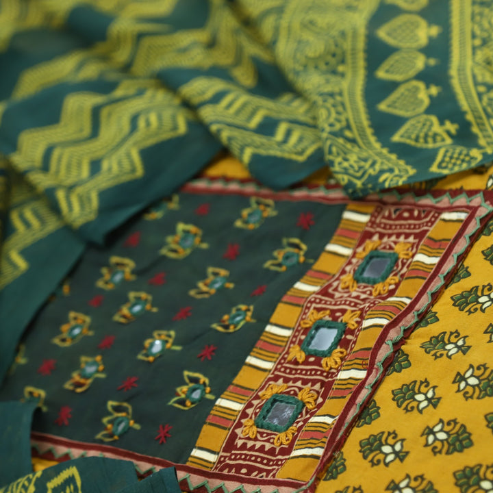 Sukhmani Dijon Yellow French Work with Ajrak Printed Cotton Suit Set