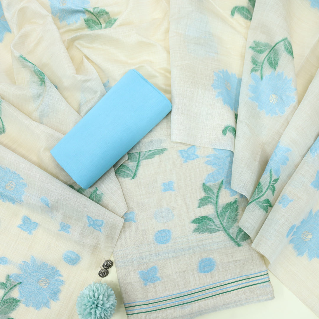 Roop Sky Blue Authentic Jamdani Floral Weaved Suit Set