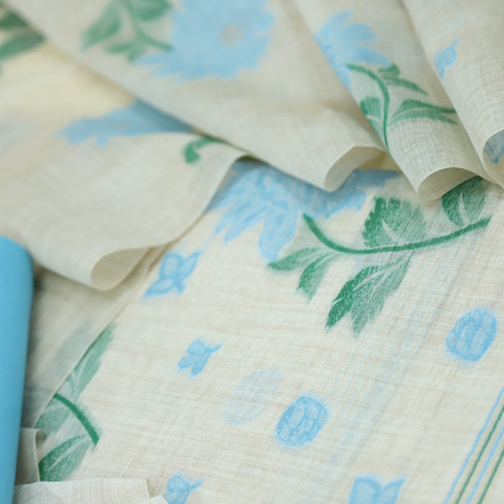 Roop Sky Blue Authentic Jamdani Floral Weaved Suit Set