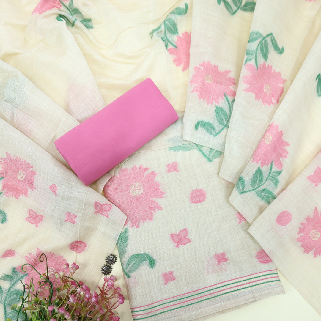 Roop Baby Pink Authentic Jamdani Floral Weaved Suit Set