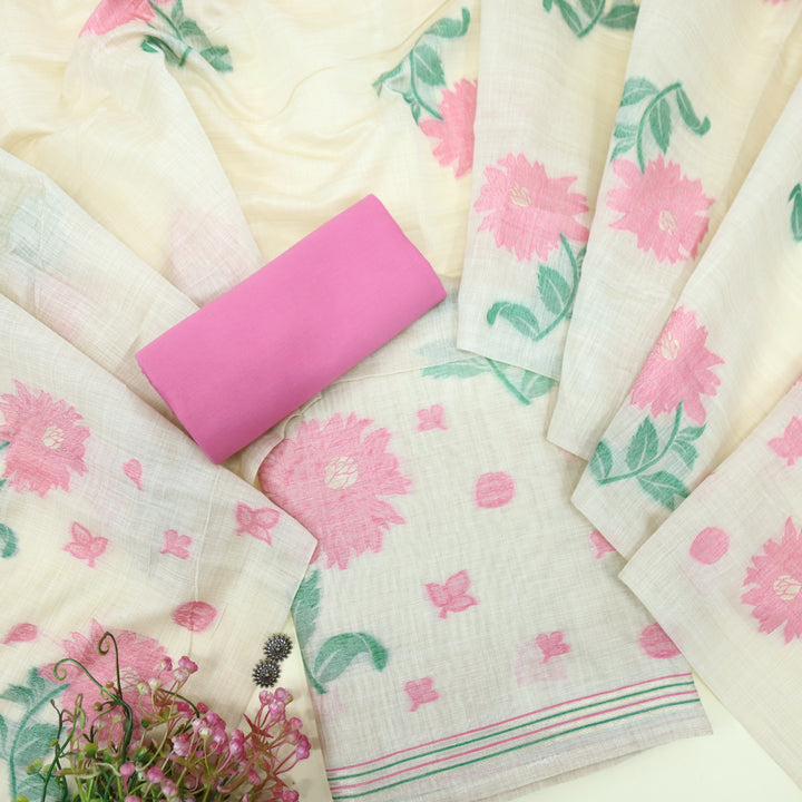 Roop Baby Pink Authentic Jamdani Floral Weaved Suit Set
