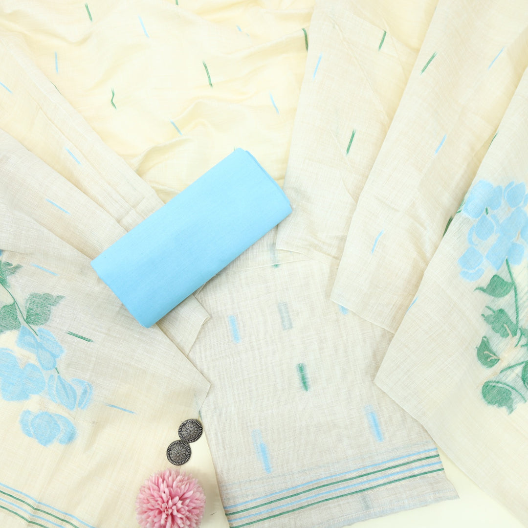 Roop Sea Blue Authentic Jamdani Floral Weaved Suit Set