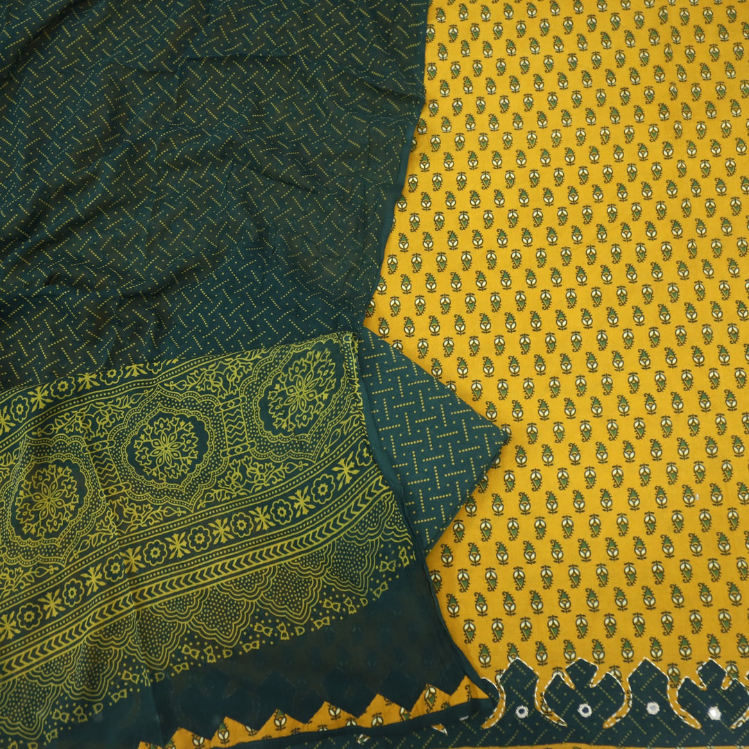 Patang Dijon Yellow Applique Work with Ajrak Print Cotton Suit Set