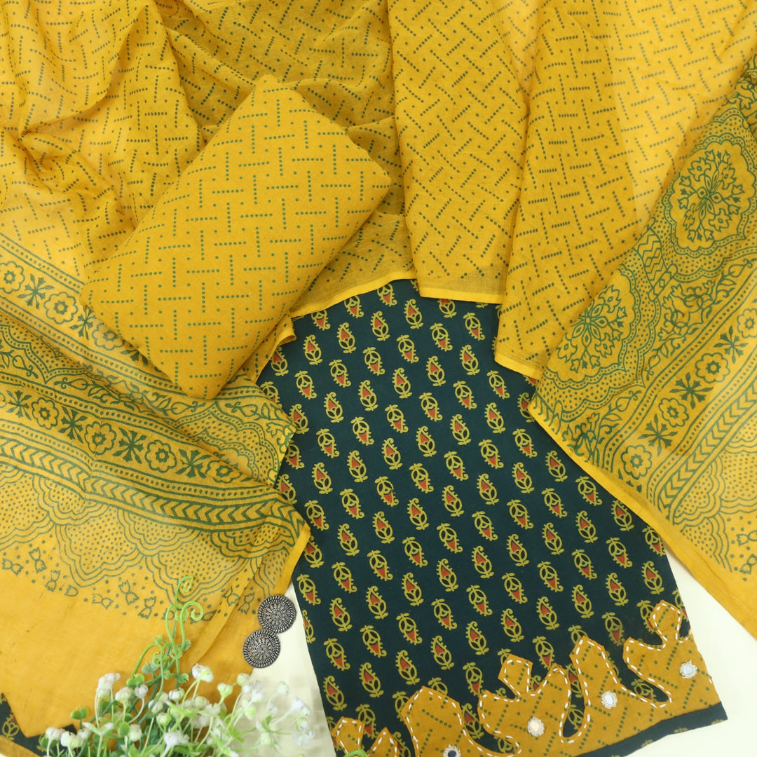 Patang Forest Green Applique Work with Ajrak Print Cotton Suit Set