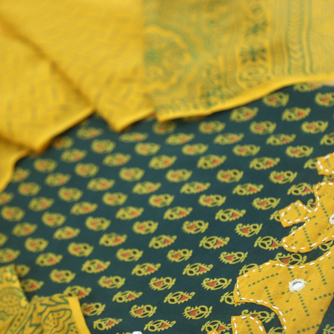 Patang Forest Green Applique Work with Ajrak Print Cotton Suit Set
