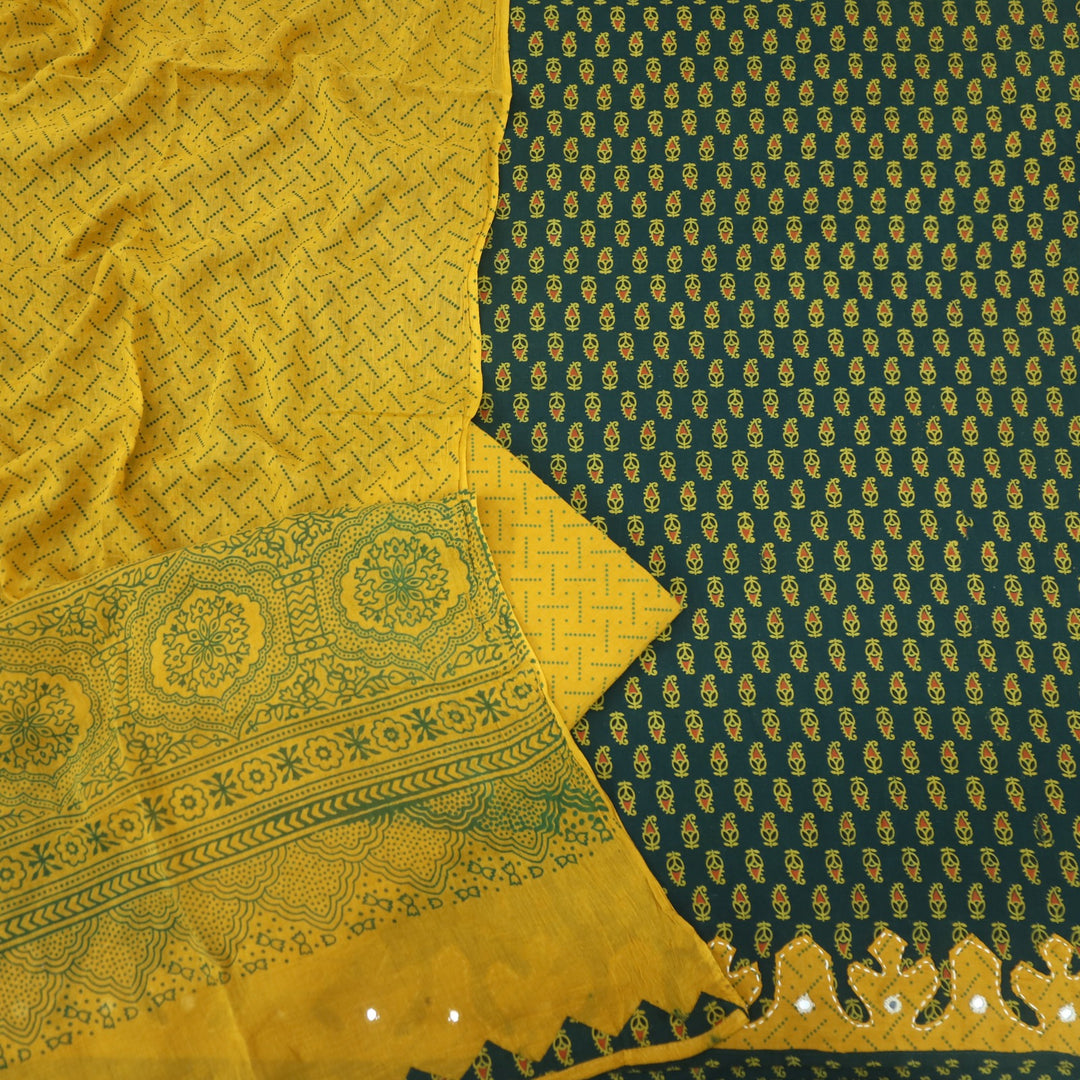 Patang Forest Green Applique Work with Ajrak Print Cotton Suit Set