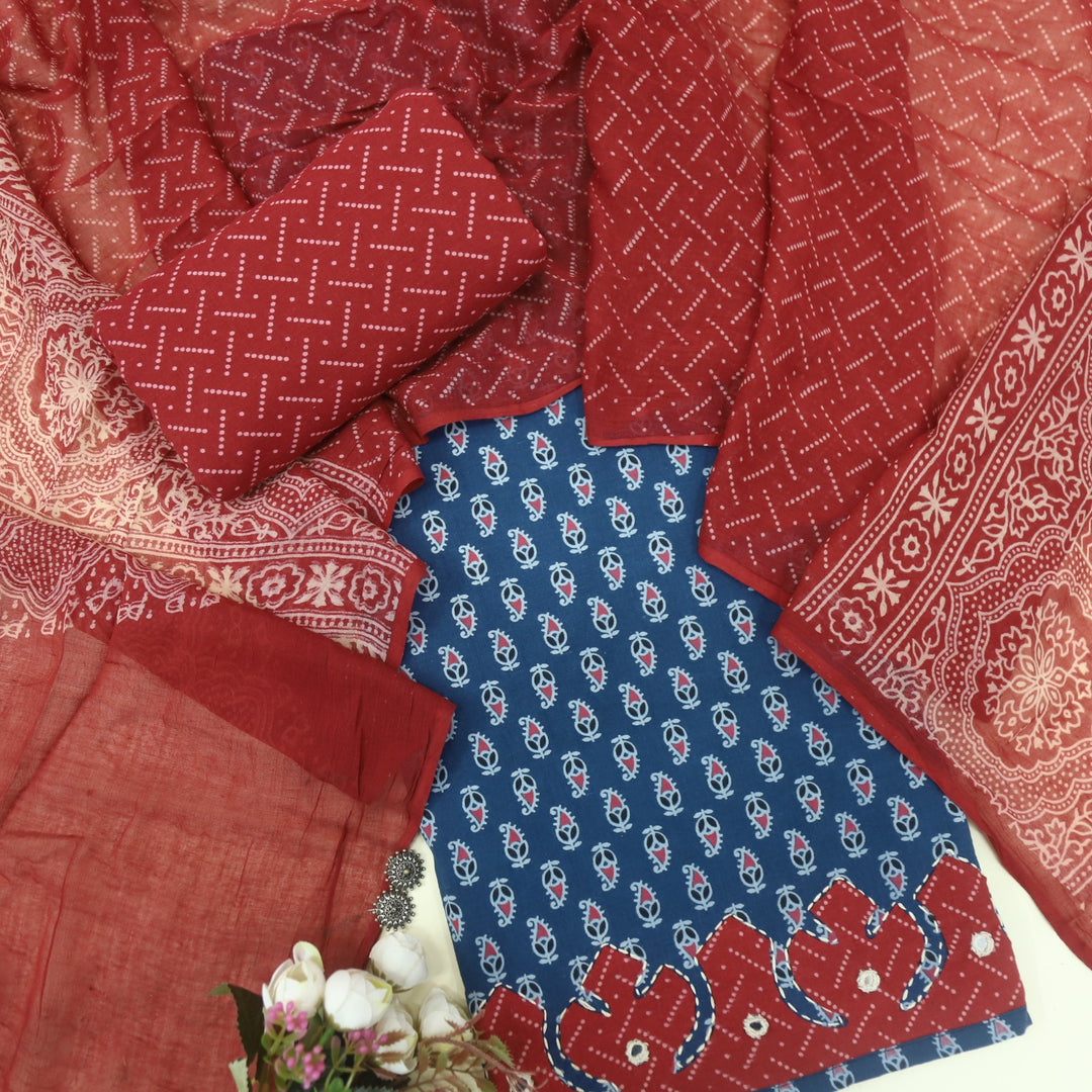 Patang Denim Blue Applique Work with Ajrak Print Cotton Suit Set