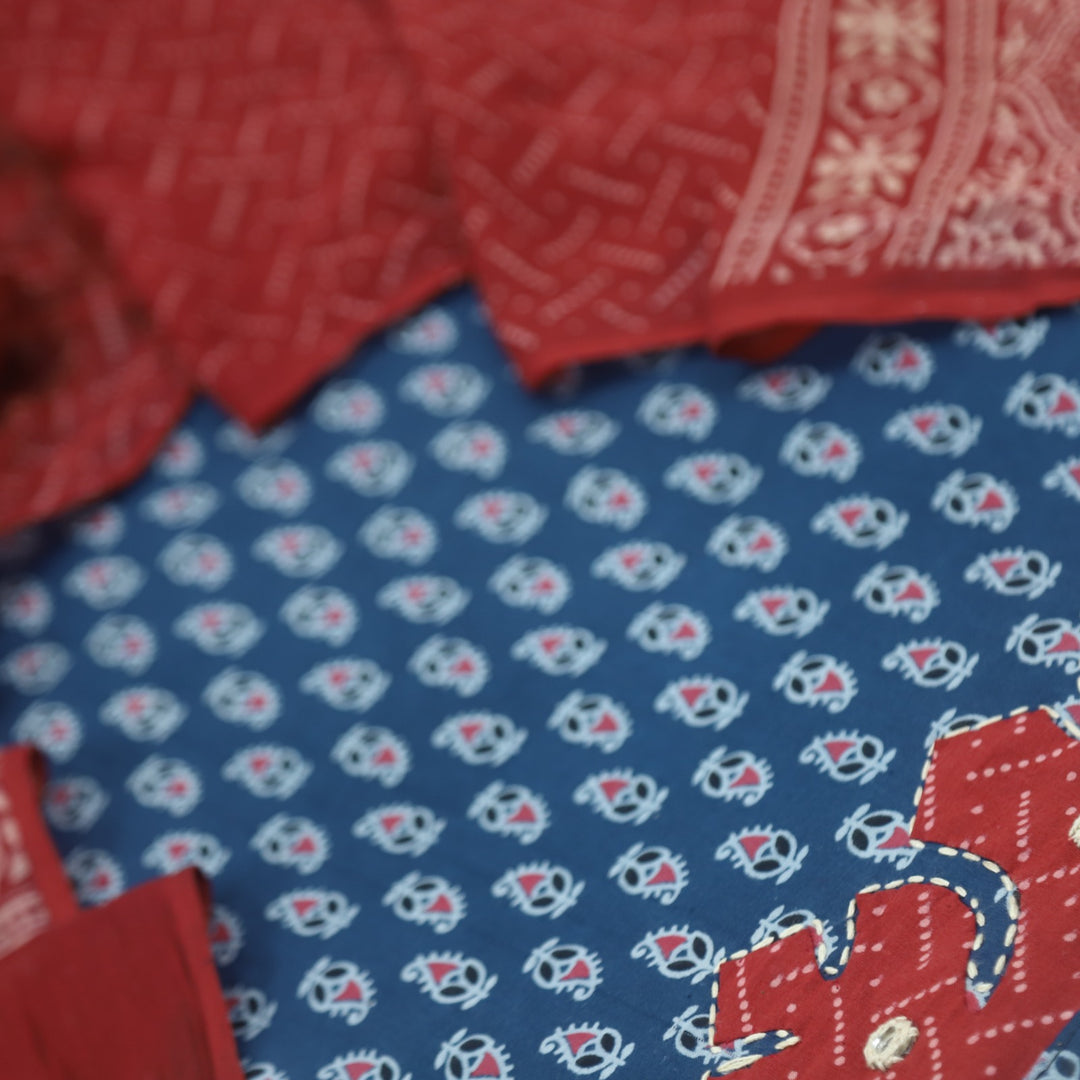 Patang Denim Blue Applique Work with Ajrak Print Cotton Suit Set