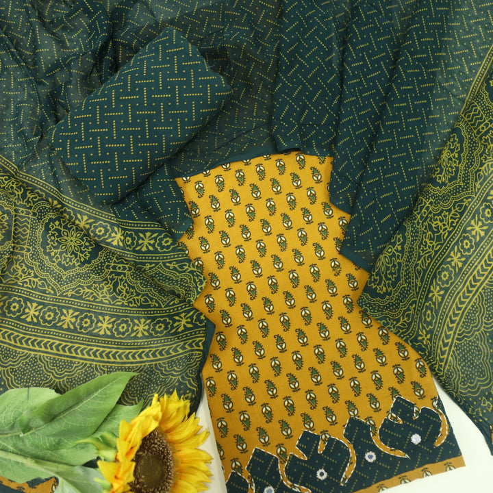 Patang Dijon Yellow Applique Work with Ajrak Print Cotton Suit Set