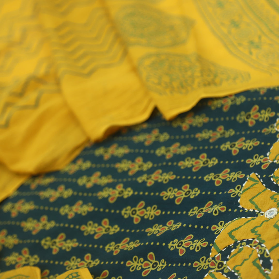 Patang Leaf Green Applique Work with Ajrak Print Cotton Suit Set