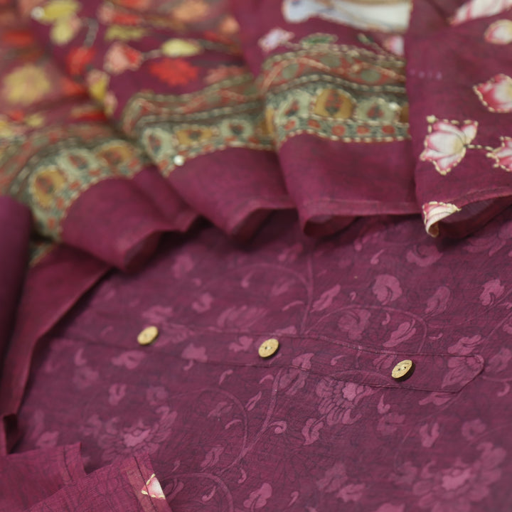 Kohinoor Eggplant Purple Digital Pichwai Print Chanderi Suit Set