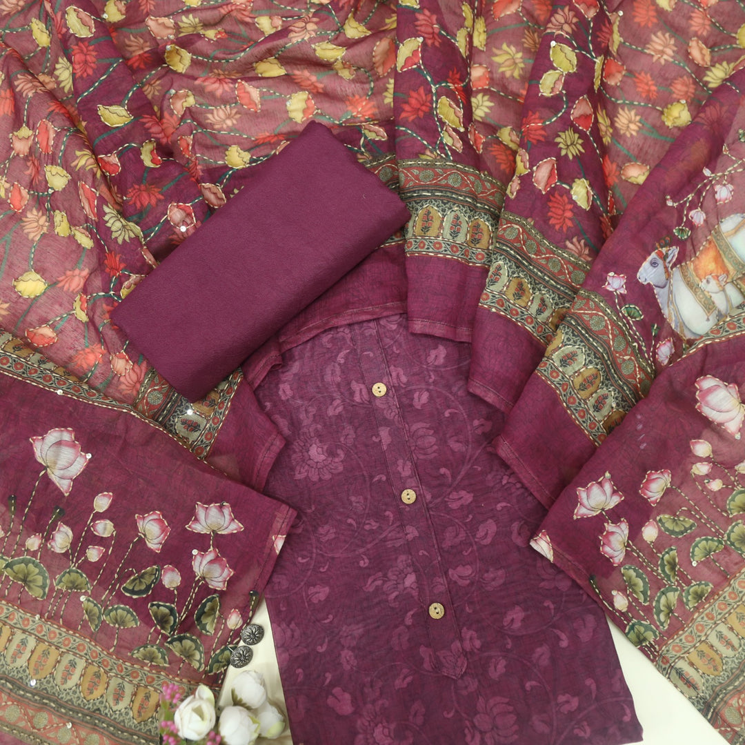 Kohinoor Eggplant Purple Digital Pichwai Print Chanderi Suit Set