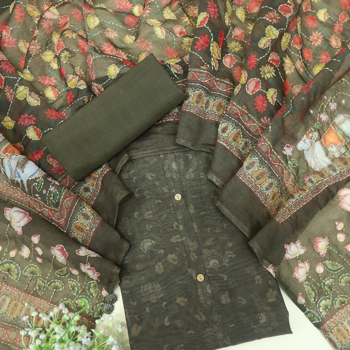 Kohinoor Dark Olive Green Digital Pichwai Print Chanderi Suit Set