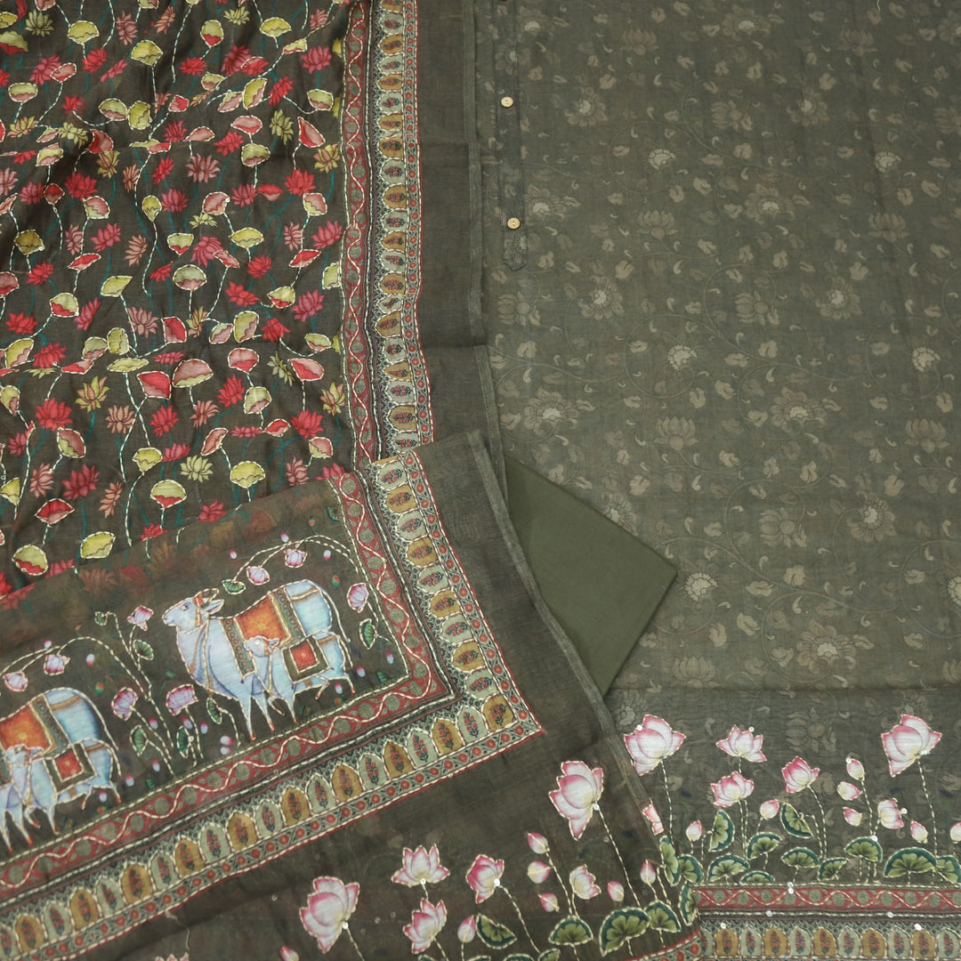Kohinoor Dark Olive Green Digital Pichwai Print Chanderi Suit Set