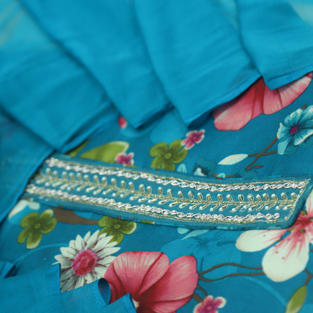 Khawab Vibrant Blue Floral Print Moti Work Jam Cotton Satin Suit Set