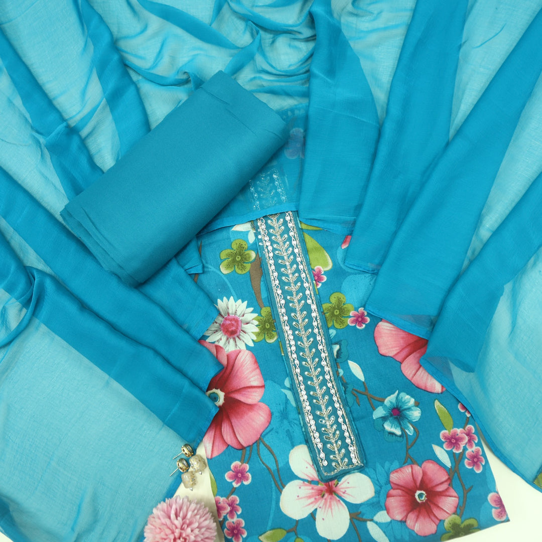 Khawab Vibrant Blue Floral Print Moti Work Jam Cotton Satin Suit Set