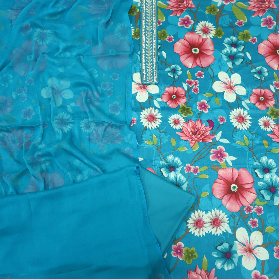 Khawab Vibrant Blue Floral Print Moti Work Jam Cotton Satin Suit Set
