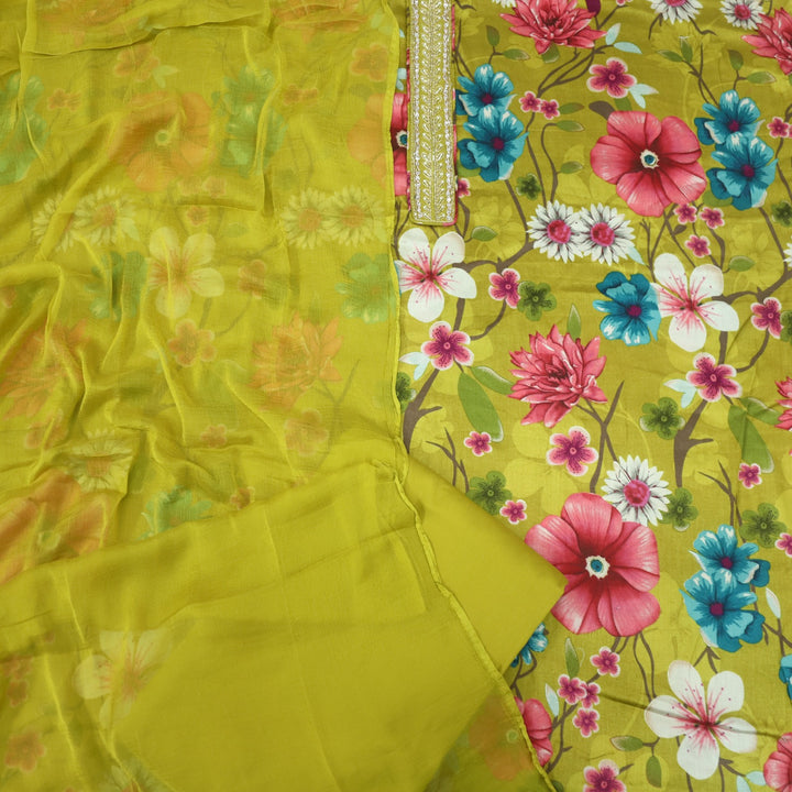 Khawab Sunflower Yellow Floral Print Moti Work Jam Cotton Satin Suit Set