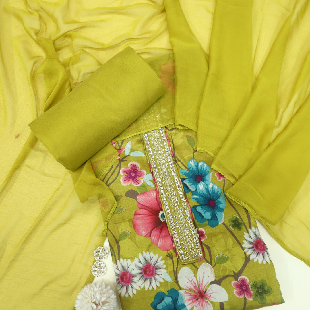 Khawab Sunflower Yellow Floral Print Moti Work Jam Cotton Satin Suit Set