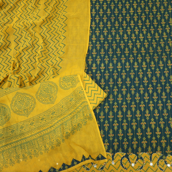 Patang Leaf Green Applique Work with Ajrak Print Cotton Suit Set