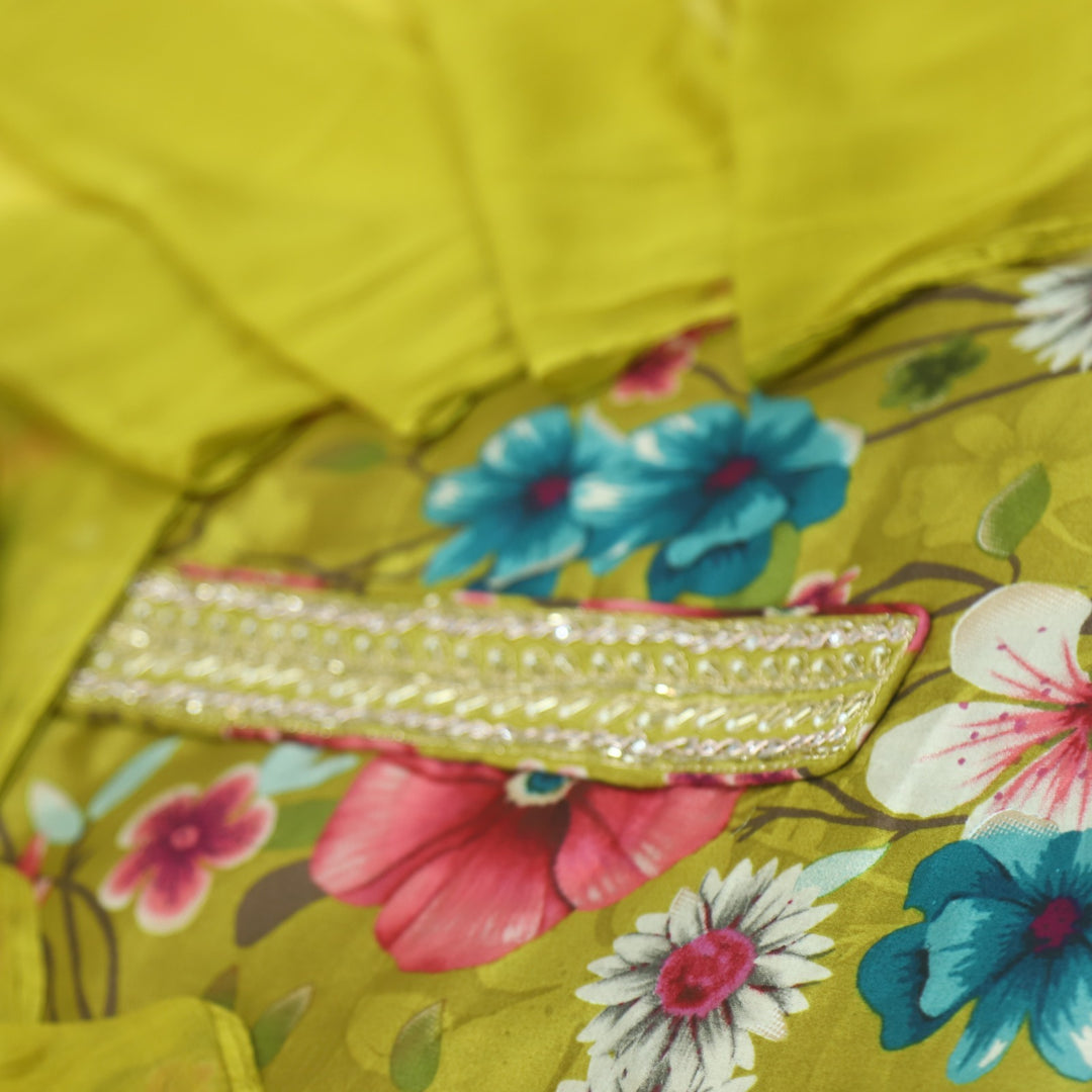 Khawab Sunflower Yellow Floral Print Moti Work Jam Cotton Satin Suit Set