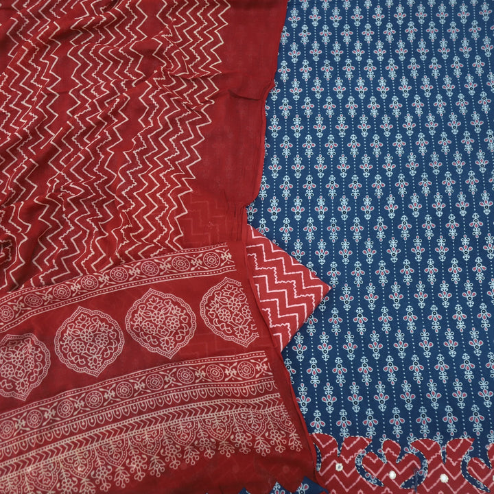 Patang Denim Blue Applique Work with Ajrak Print Cotton Suit Set