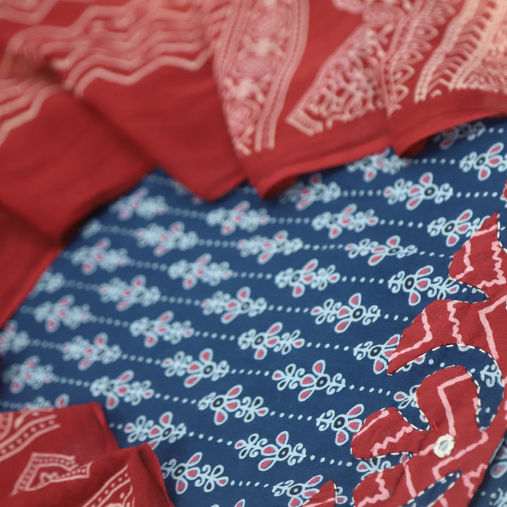 Patang Denim Blue Applique Work with Ajrak Print Cotton Suit Set